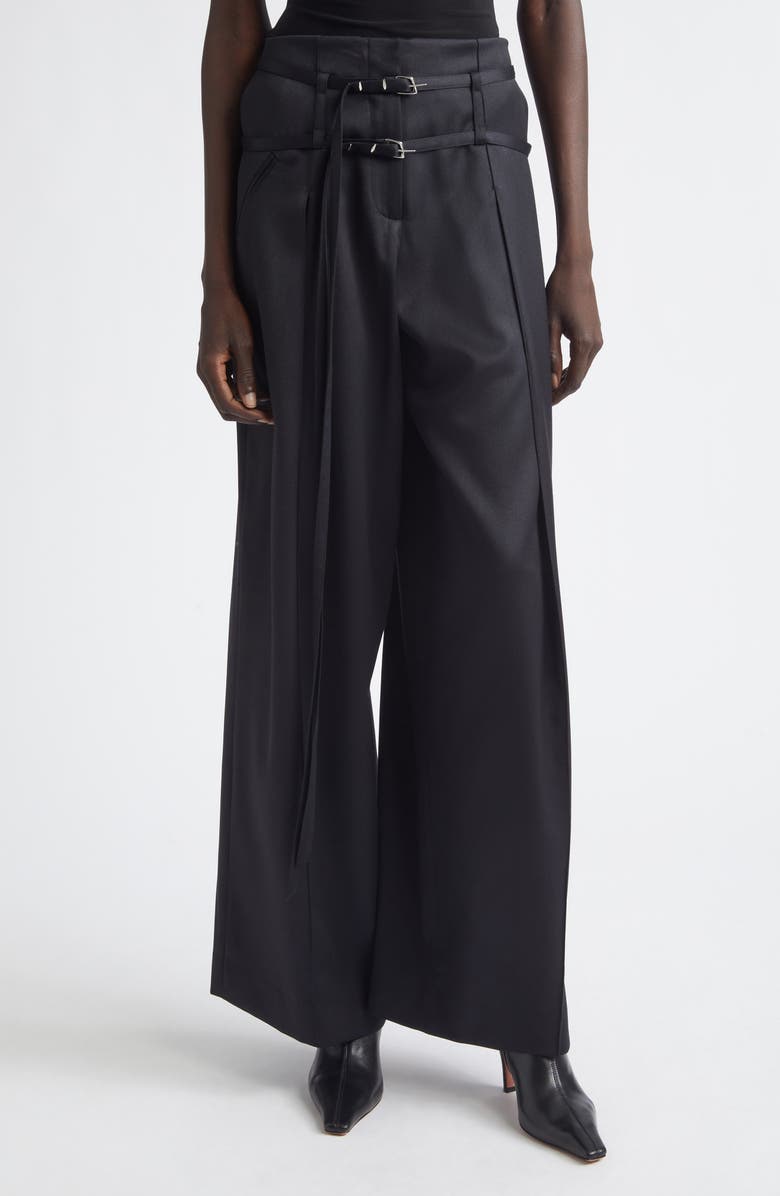 GRACE LING Relics Belted Wool Blend Satin Wide Leg Pants, Main, color, Black