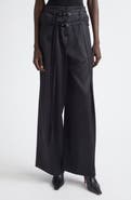 GRACE LING Relics Belted Wool Blend Satin Wide Leg Pants