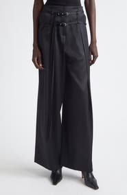 GRACE LING Relics Belted Wool Blend Satin Wide Leg Pants