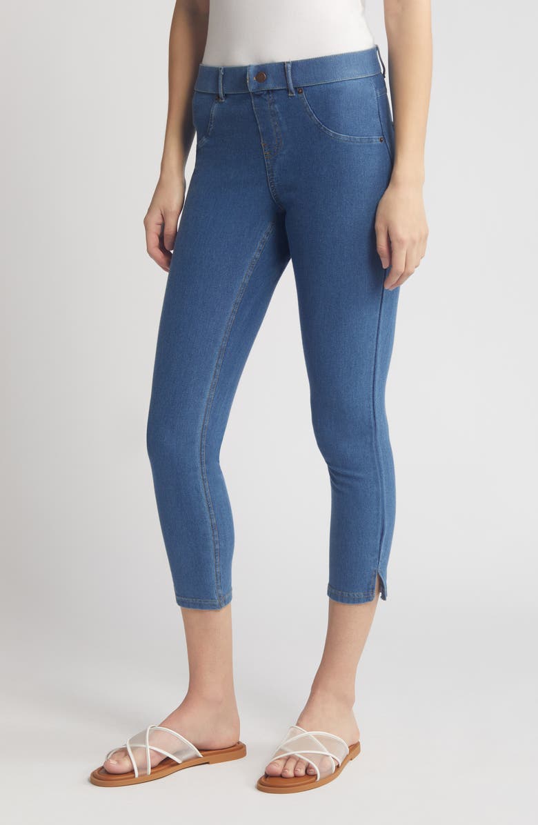 Hue Side Slit Pull-On Denim Capri Leggings, Main, color, Medium Wash