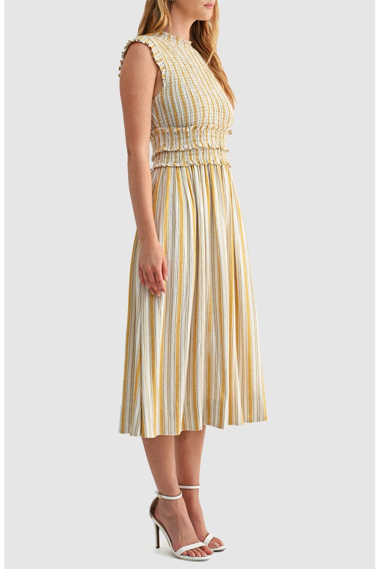 Smocked Tie Back Sleeveless Midi Dress, Alternate, color, MUSTARD STRIPE
