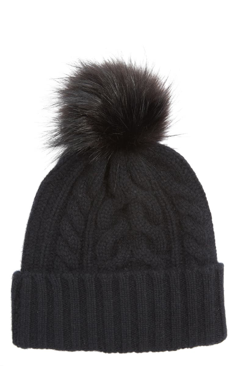 Halogen<sup>®</sup> Cashmere Cable Knit Beanie with Faux Fur Pom, Main, color,