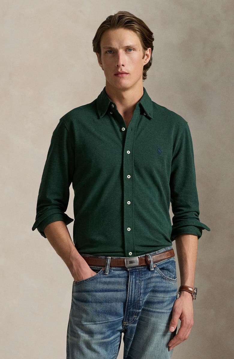 Polo Ralph Lauren Featherweight Stretch Cotton Piqué Button-Down Shirt, Alternate, color, Scotch Pine Heather
