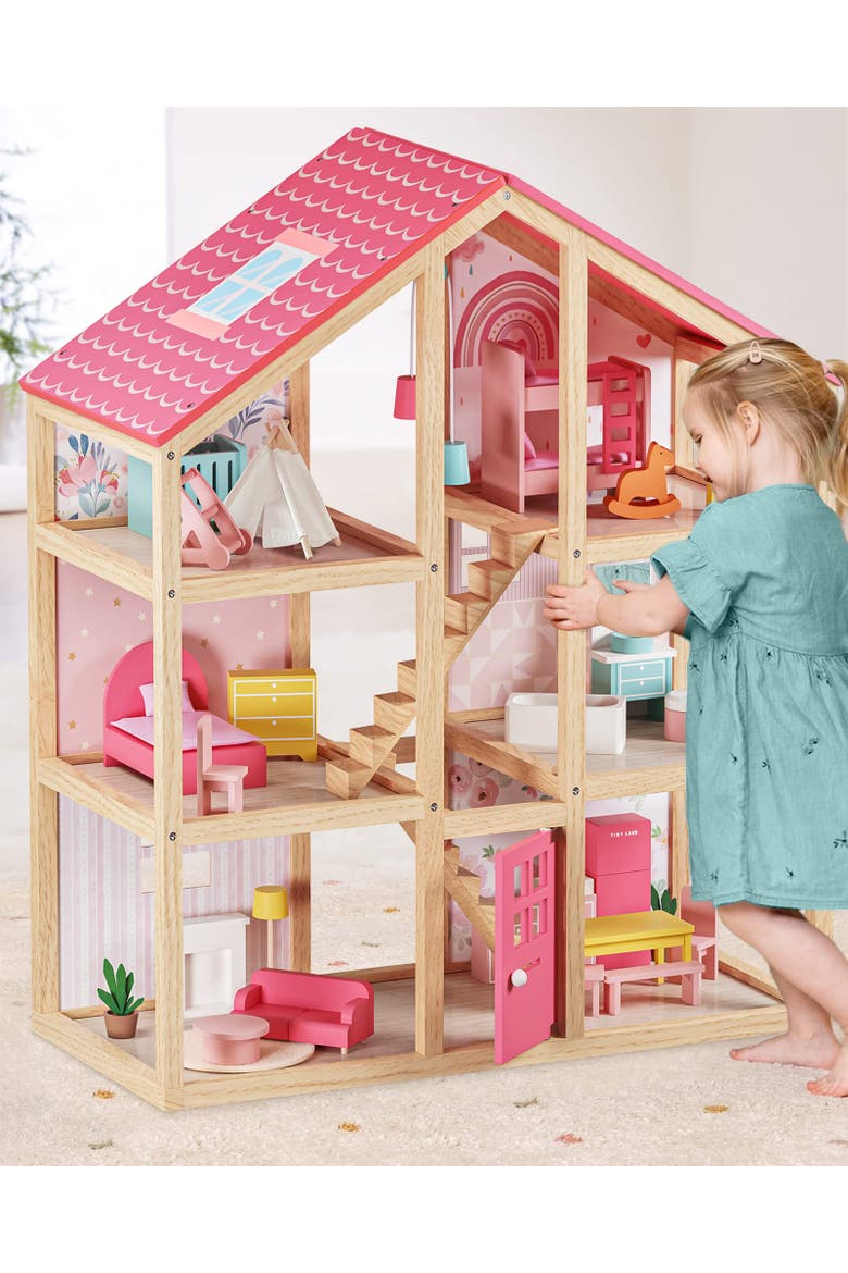 6 Room Wooden Dollhouse Set with Furniture for Kids, Main, color, Multicolor
