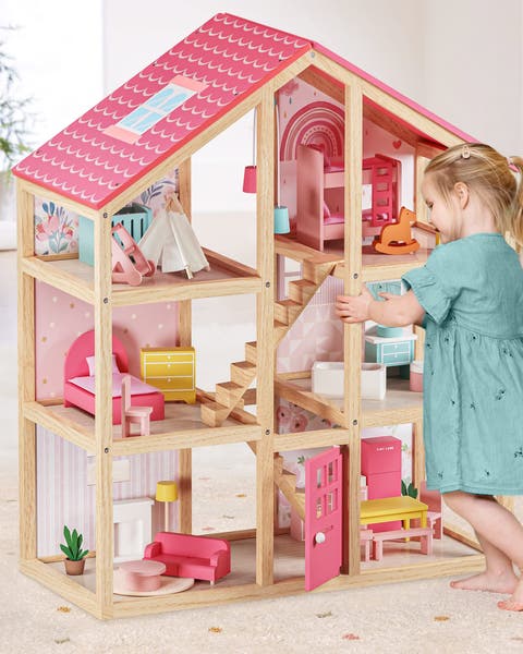 6 Room Wooden Dollhouse Set with Furniture for Kids