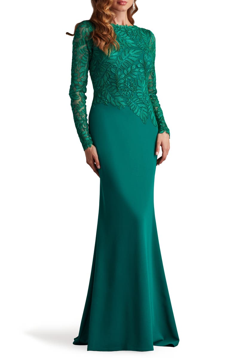 Tadashi Shoji Embroidered Leaf Print Long Sleeve Gown, Main, color, Emerald