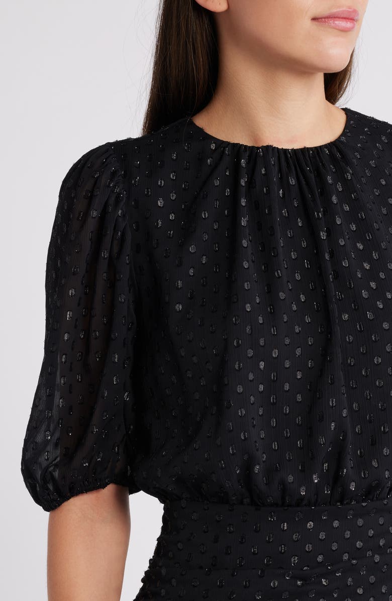 Chelsea28 Metallic Clip Dot Asymmetric Dress, Alternate, color, Black