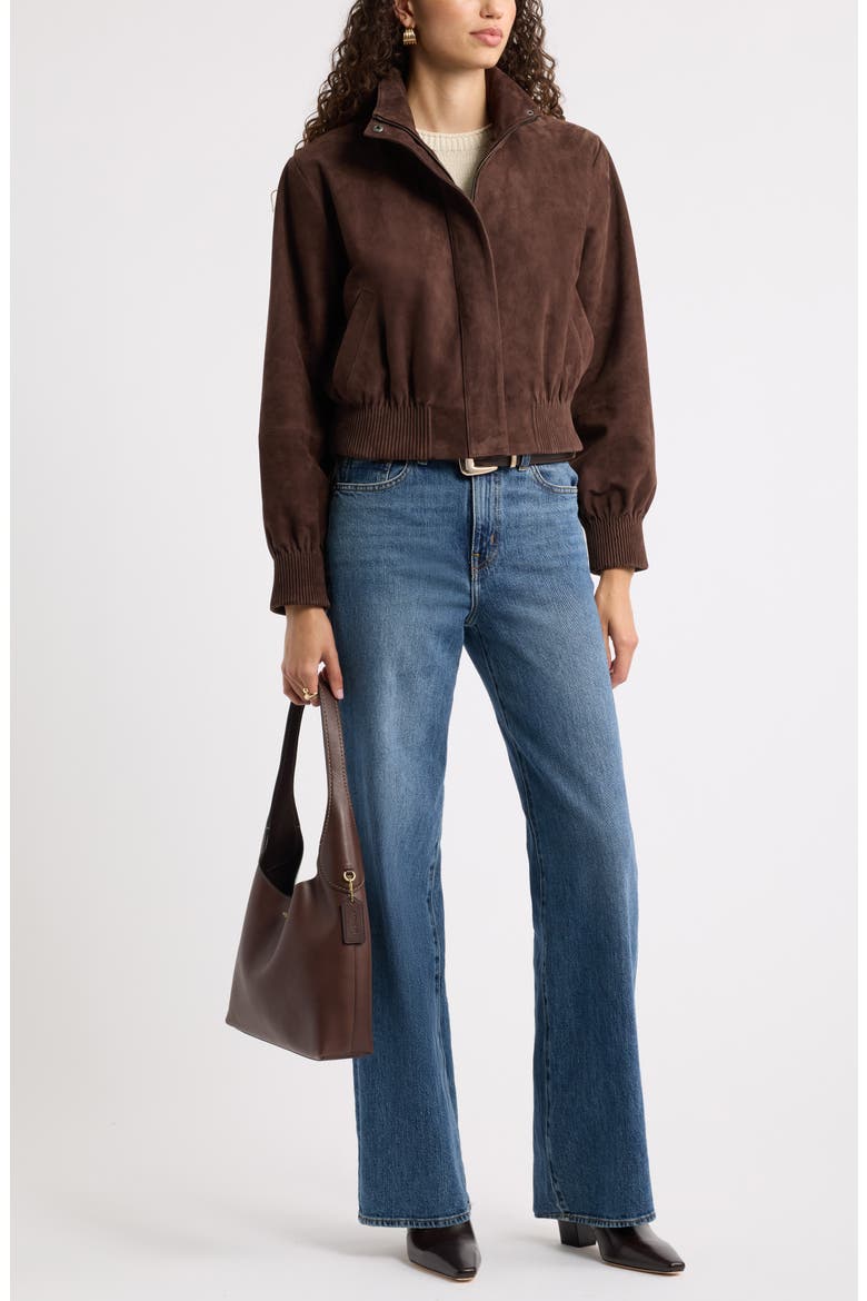 Funnel Neck Suede Bomber Jacket, Alternate, color, BROWN COFFEE