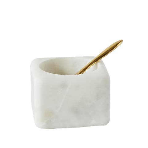 Square Marble Bowl with Brass Spoon, White