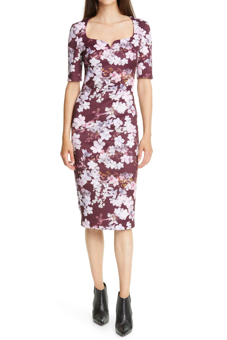 Heike Pergola Floral Print Body-Con Dress, Main, color, OXBLOOD