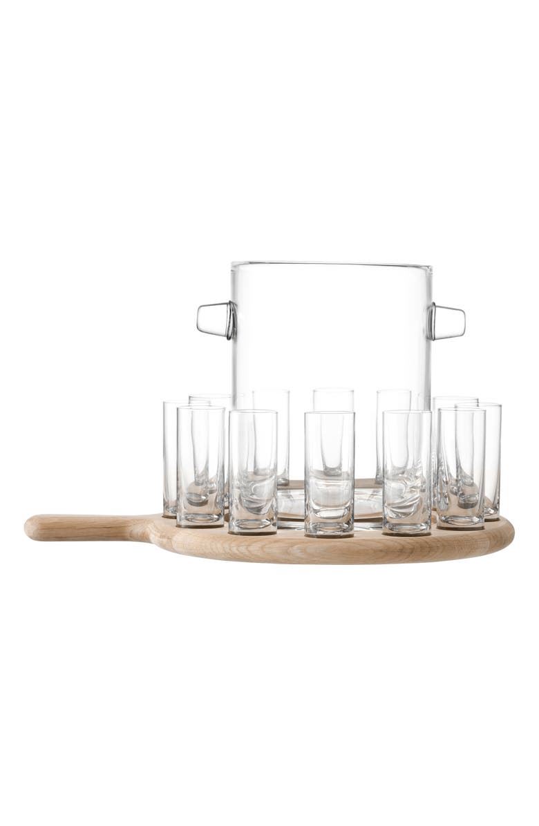 LSA Set of 12 Shot Glasses, Glass Ice Bucket & Oak Wood Paddle Board, Main, color, Clear