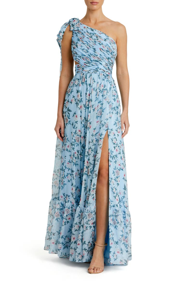 Women's One-Shoulder Floral Chiffon A-Line Gown, Main, color, Aqua Multi