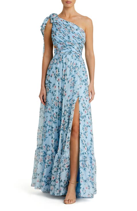 Women's One-Shoulder Floral Chiffon A-Line Gown