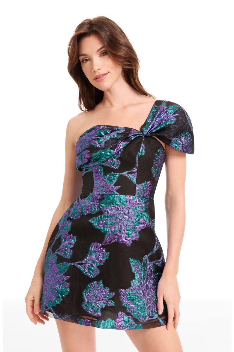 Olive Floral Jacquard Off the Shoulder Cocktail Minidress, Alternate, color, TURQUOISE MULTI