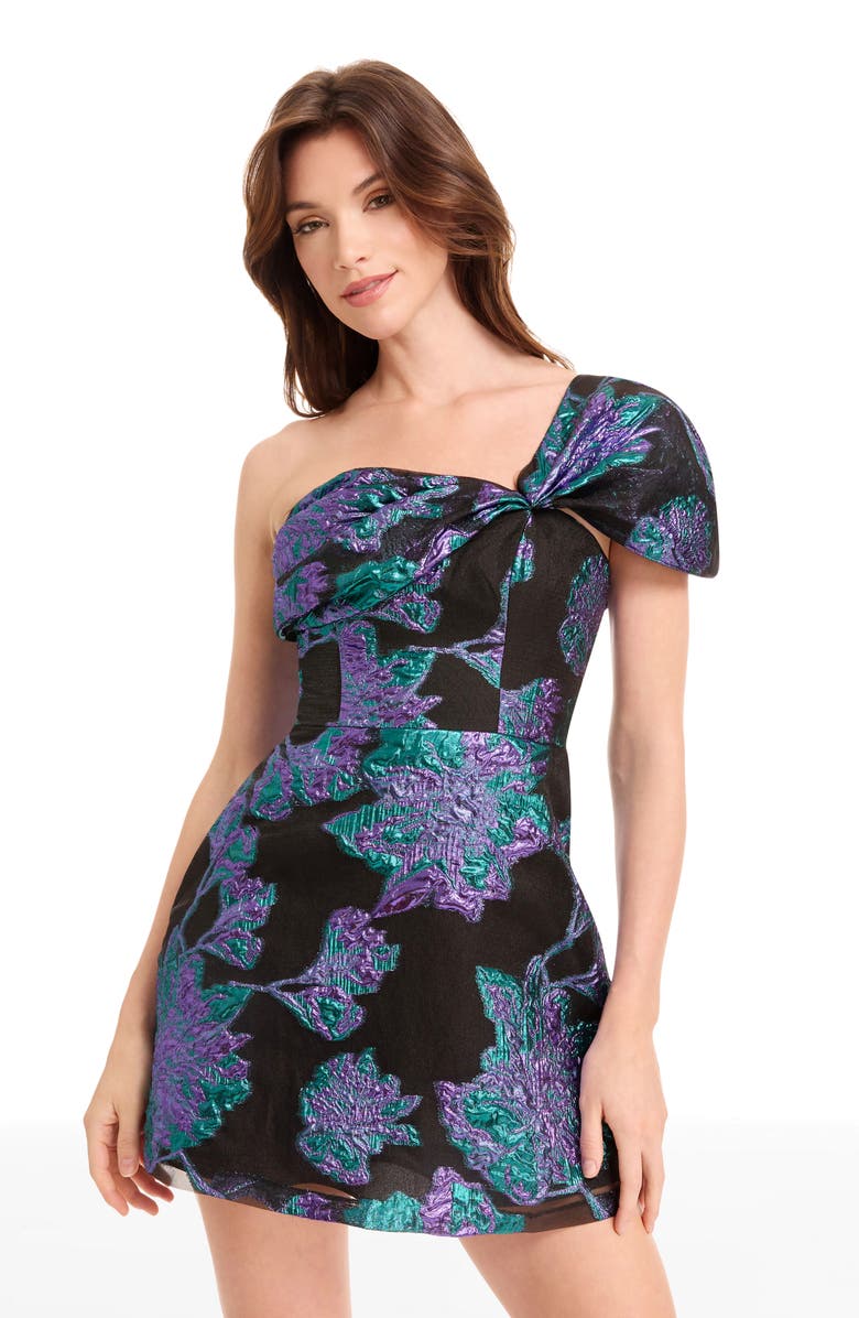 Dress the Population Olive Floral Jacquard Off the Shoulder Cocktail Minidress, Alternate, color, Turquoise Multi