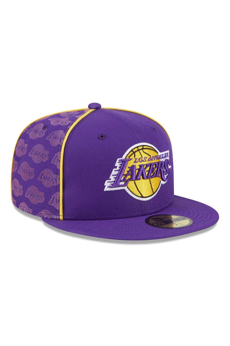 Men's New Era Purple Los Angeles Lakers Piped & Flocked 59Fifty Fitted Hat, Alternate, color, Purple