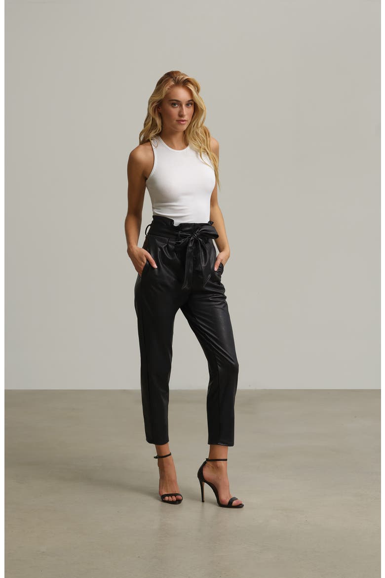 Paperbag Waist Faux Leather Crop Pants, Alternate, color, BLACK