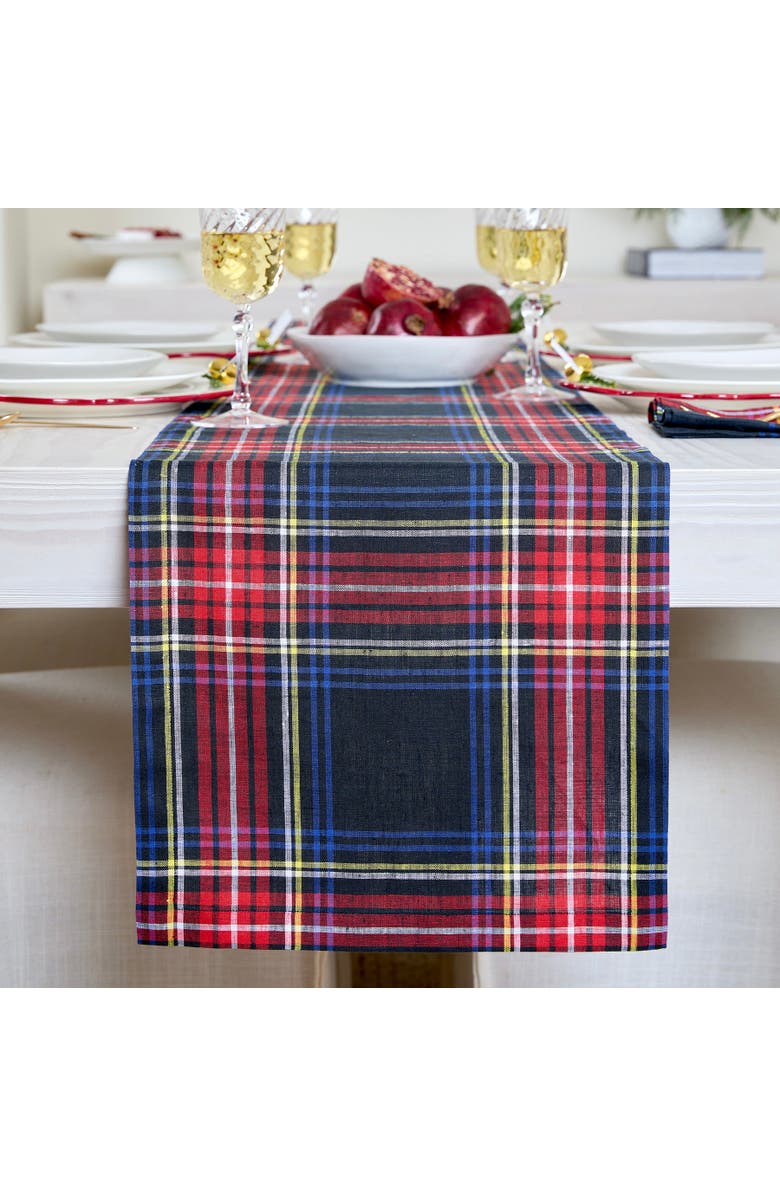Solino Home Linen Table Runner for Dining Table, Holiday and Everyday Table Decor - Stewart Plaid, Main, color, Black