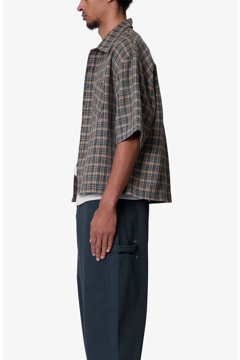 Oversize Crop Plaid Short Sleeve Button-Up Shirt, Alternate, color, GREEN/ BROWN