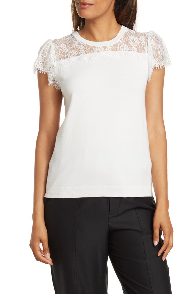 Lace Panel Mixed Media Short Sleeve Sweater, Main, color, IVORY