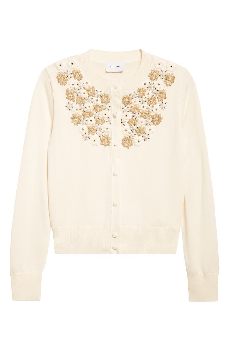 ST. JOHN Beaded & Embroidered Floral Wool Blend Cardigan, Alternate, color, Ecru