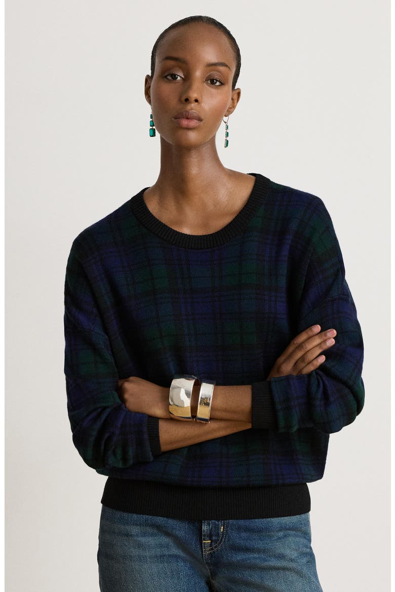 Plaid Merino Wool Sweater, Alternate, color, BLACK