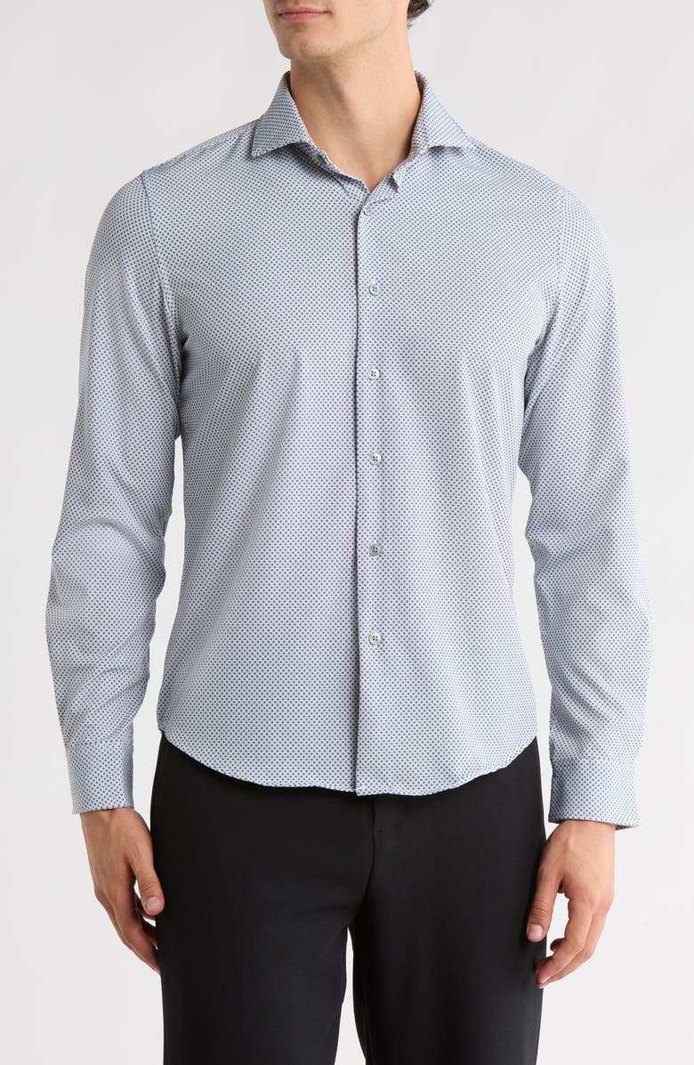 DENIM AND FLOWER Geometric Print Performance Button-Up Shirt, Main, color, White