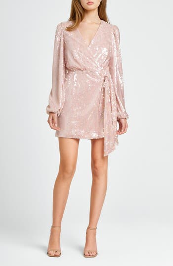 WAYF WAYF FLASH SEQUIN LONG SLEEVE FAUX WRAP MINIDRESS