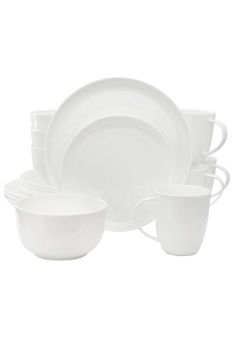 16 Piece Round Bone China Dinnerware Set in White, Main, color, White