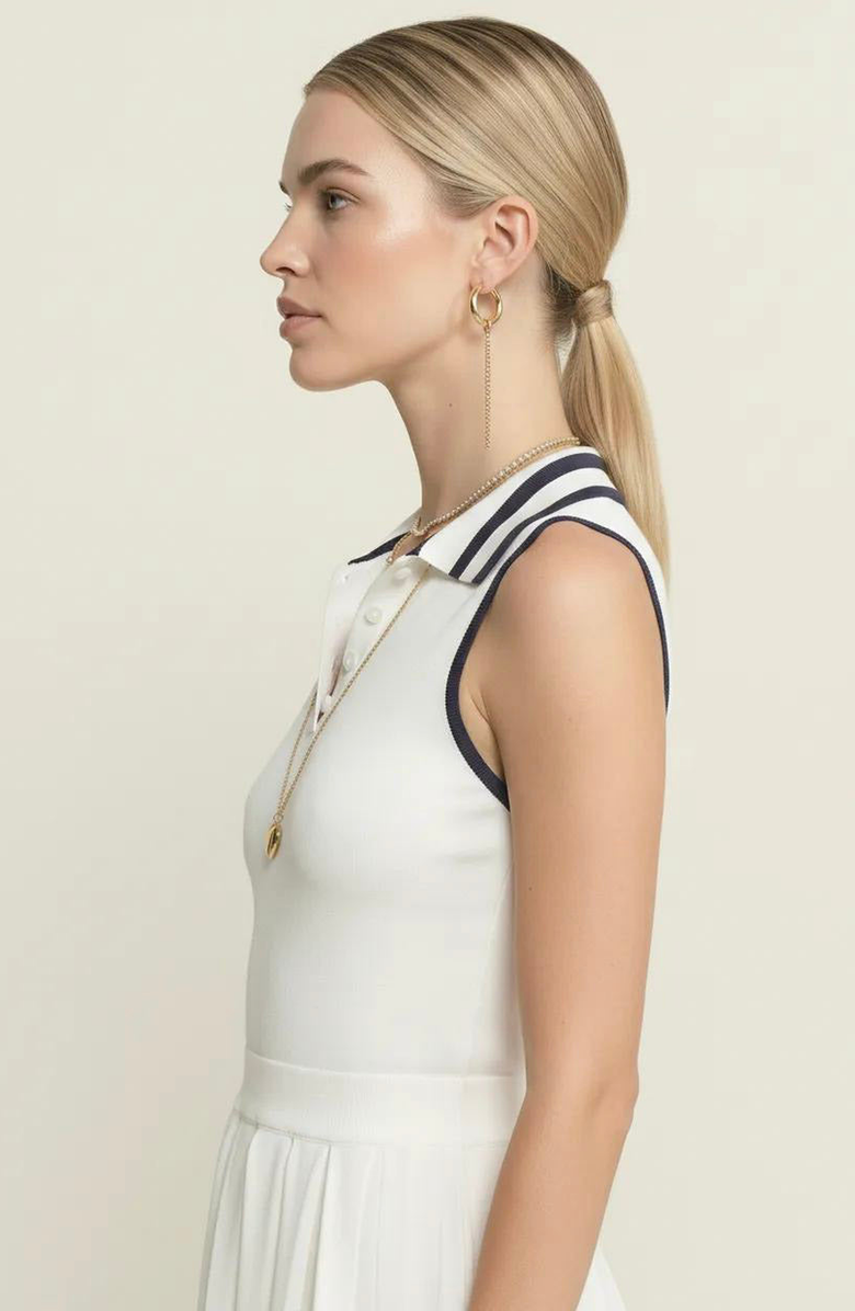 Modenaire Sleeveless Knit Midi Dress with Contrast Collar and Hem Detail, Alternate, color, White