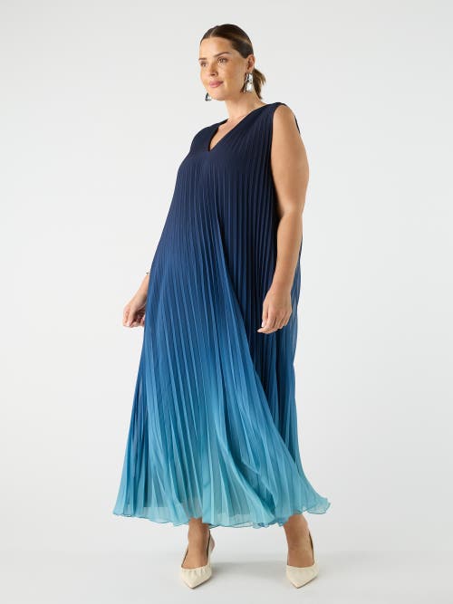 Live Unlimited Ombre Pleated V-neck Dress In Blue