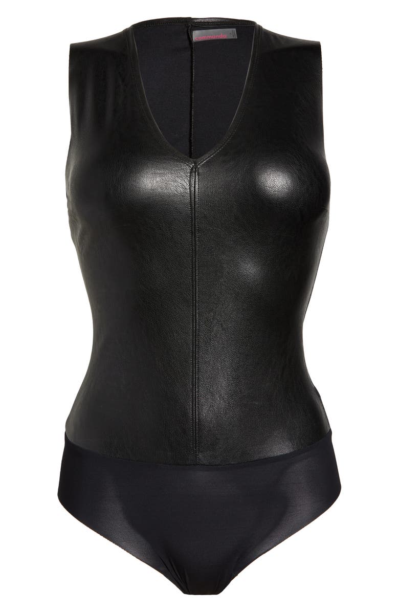 Commando Deep V-Neck Faux Leather Bodysuit, Alternate, color, Black