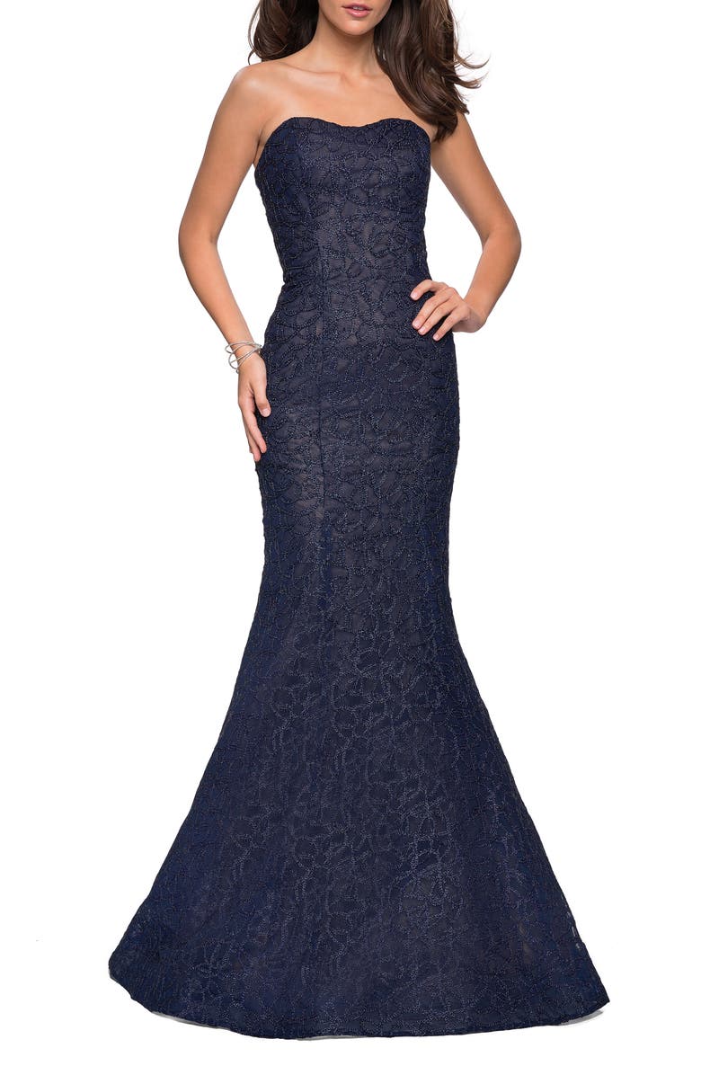 La Femme Beaded Strapless Mermaid Gown, Main, color, 
