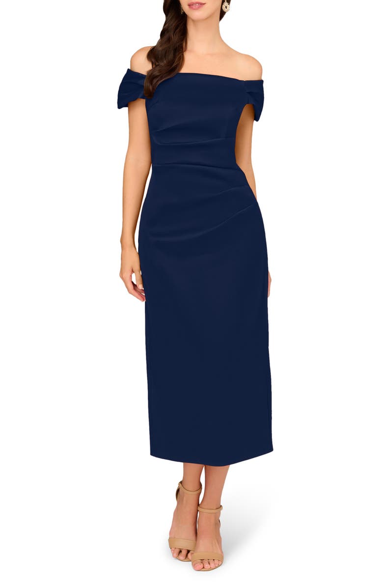 Aidan Mattox Off the Shoulder Mikado Midi Cocktail Dress, Main, color, Twilight