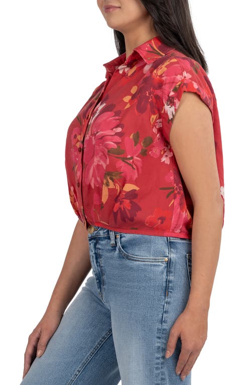 Kut From The Kloth Gia Floral Print Pleated Crop Shirt In Brick/pink
