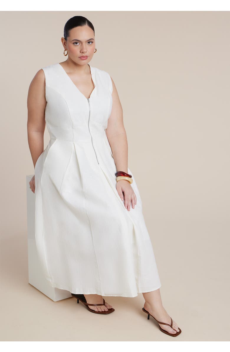 ELOQUII Zipper Detail Linen Maxi Dress, Alternate, color, Coconut Milk