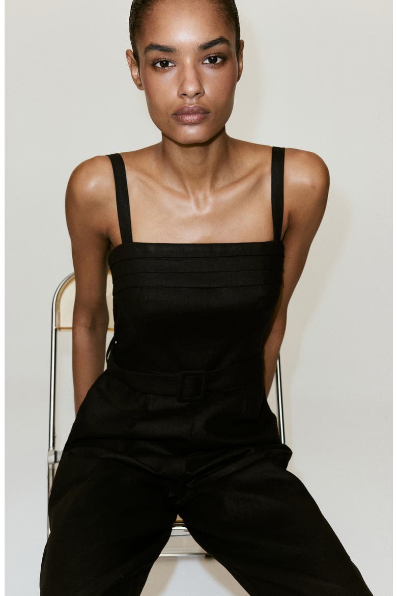 Belted Sleeveless Linen Blend Jumpsuit, Alternate, color, BLACK