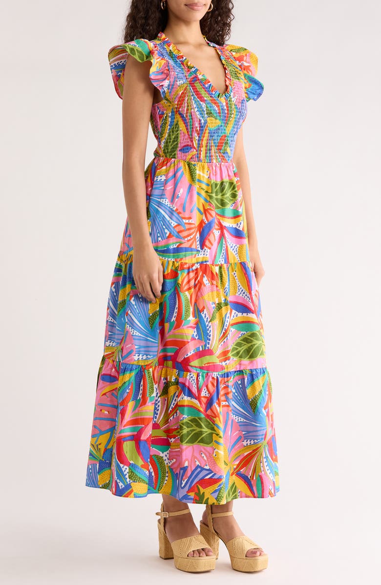 SUGARLIPS Lobster Bay Sunfire Smocked Cotton Tiered Maxi Dress, Alternate, color, Kelly-Blue-Multi