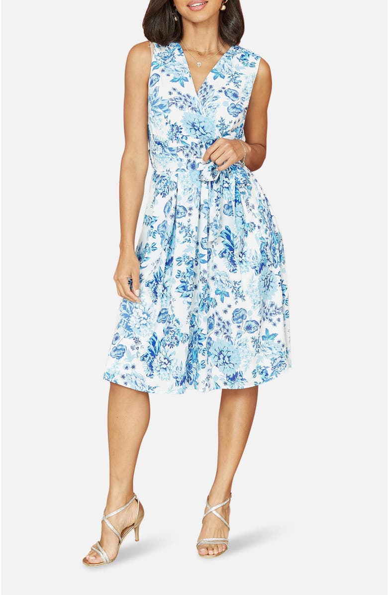 Yumi Floral Wrap Over Skater Dress, Alternate, color, Blue