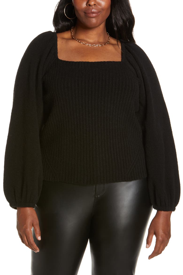 Puff Sleeve Square Neck Sweater, Main, color, BLACK