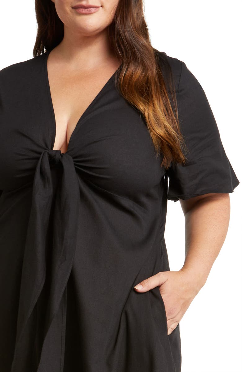 HARSHMAN Fiorella Tie Front Linen Blend Midi Dress, Alternate, color, 