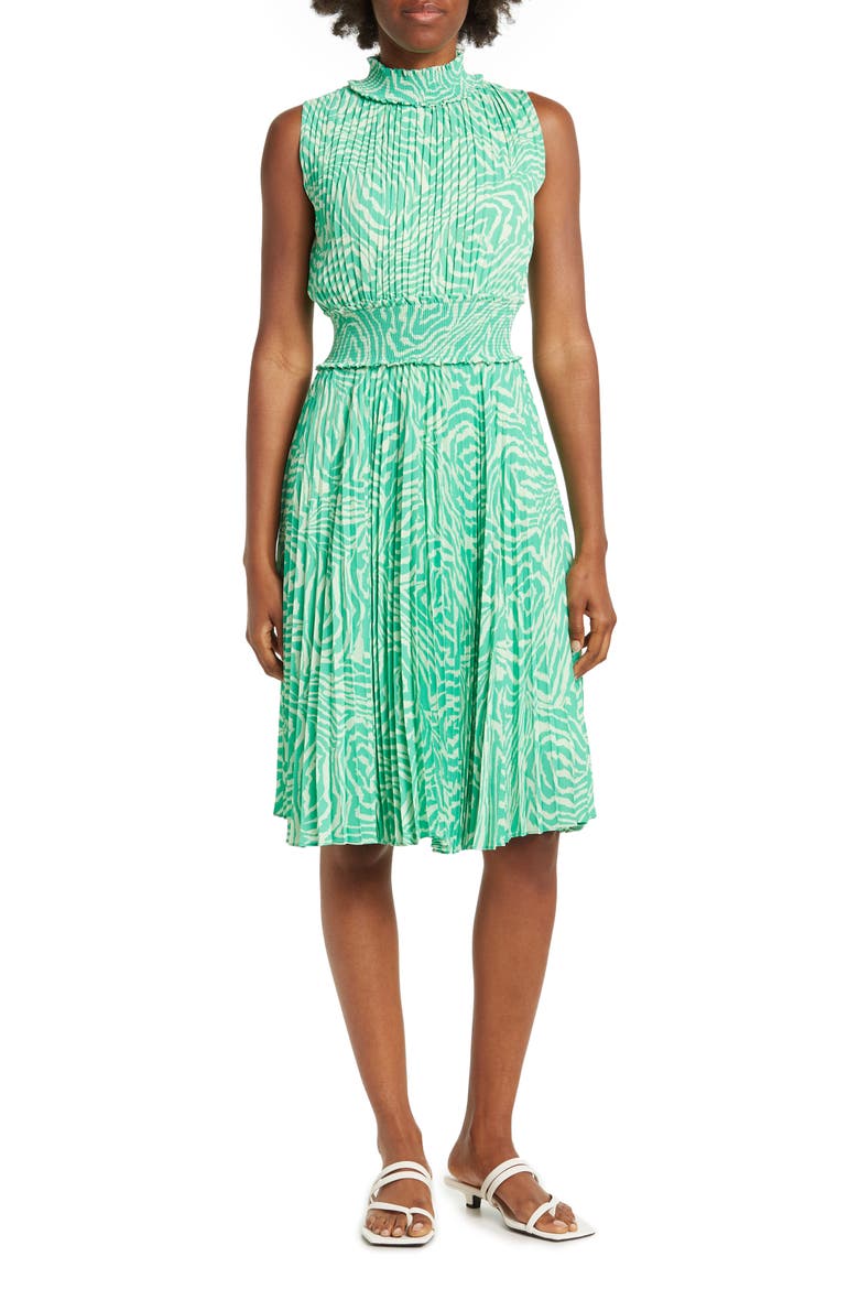 Printed Pleated Floral Dress, Main, color, GREEN CREAM