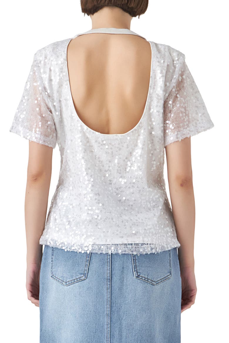 Sequin Padded Shoulder Back Cutout Top, Alternate, color, WHITE
