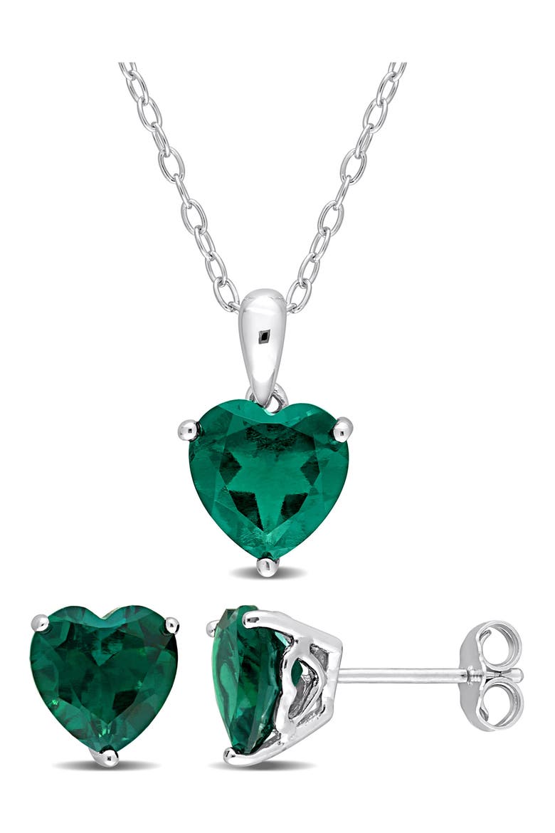 Heart Cut Lab Created Emerald Solitaire Pendant Necklace & Stud Earrings Set, Main, color, GREEN