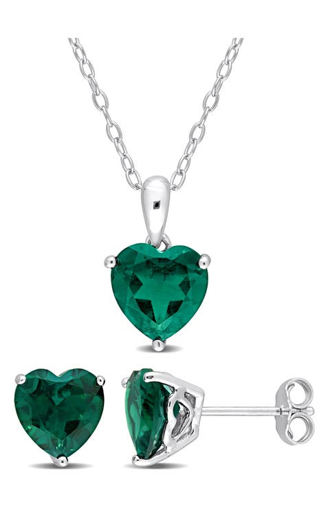 Heart Cut Lab Created Emerald Solitaire Pendant Necklace & Stud Earrings Set