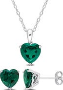 DELMAR Heart Cut Lab Created Emerald Solitaire Pendant Necklace & Stud Earrings Set