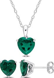 DELMAR Heart Cut Lab Created Emerald Solitaire Pendant Necklace & Stud Earrings Set