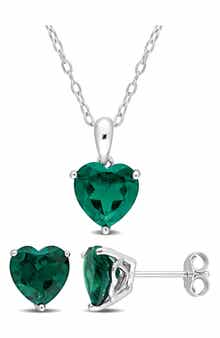 DELMAR Heart Cut Lab Created Emerald Solitaire Pendant Necklace & Stud Earrings Set