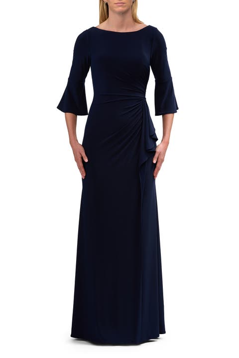 Simple Evening Dress with Three Quarter Bell Sleeve and High Neckline