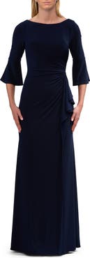 La Femme Simple Evening Dress with Three Quarter Bell Sleeve and High Neckline